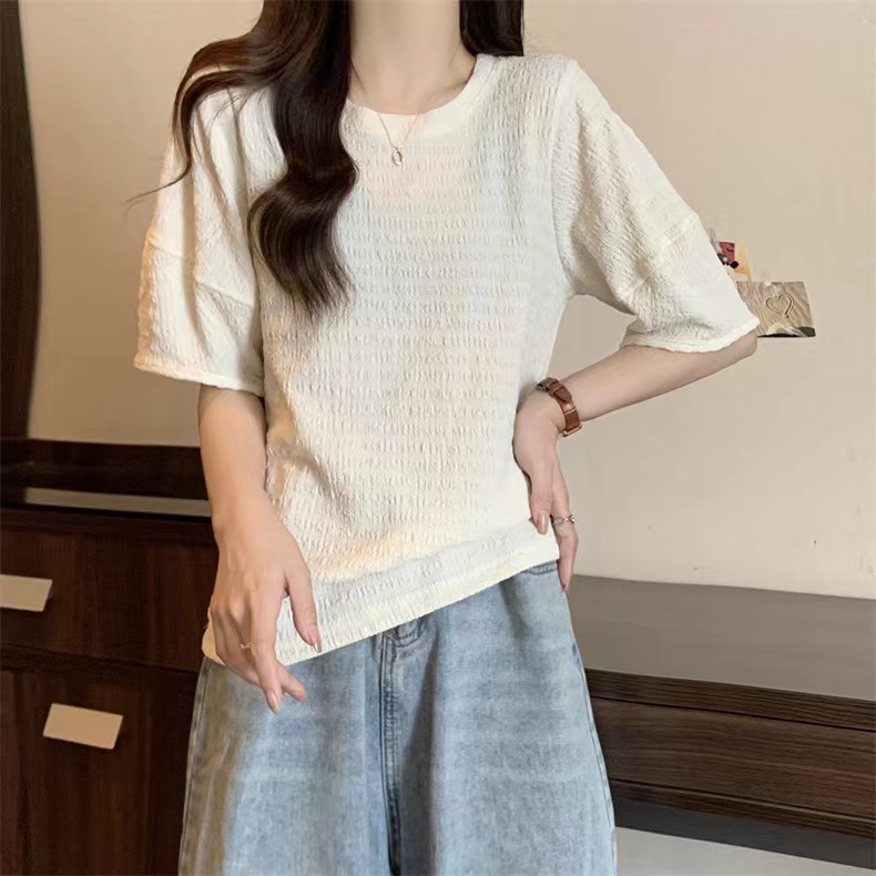 Real shot of puff sleeves loose short-sleeved T-shirt top for women