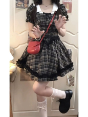 Sweet hot girl college style dress for women in summer retro puff sleeves escape princess skirt waist plaid puffy skirt