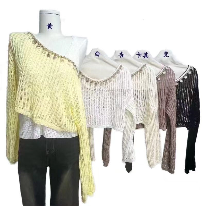 2025 summer Korean version of lazy style one-shoulder pendant collar hollow high waist long sleeve ice-collar cool silk knitted sunscreen clothes