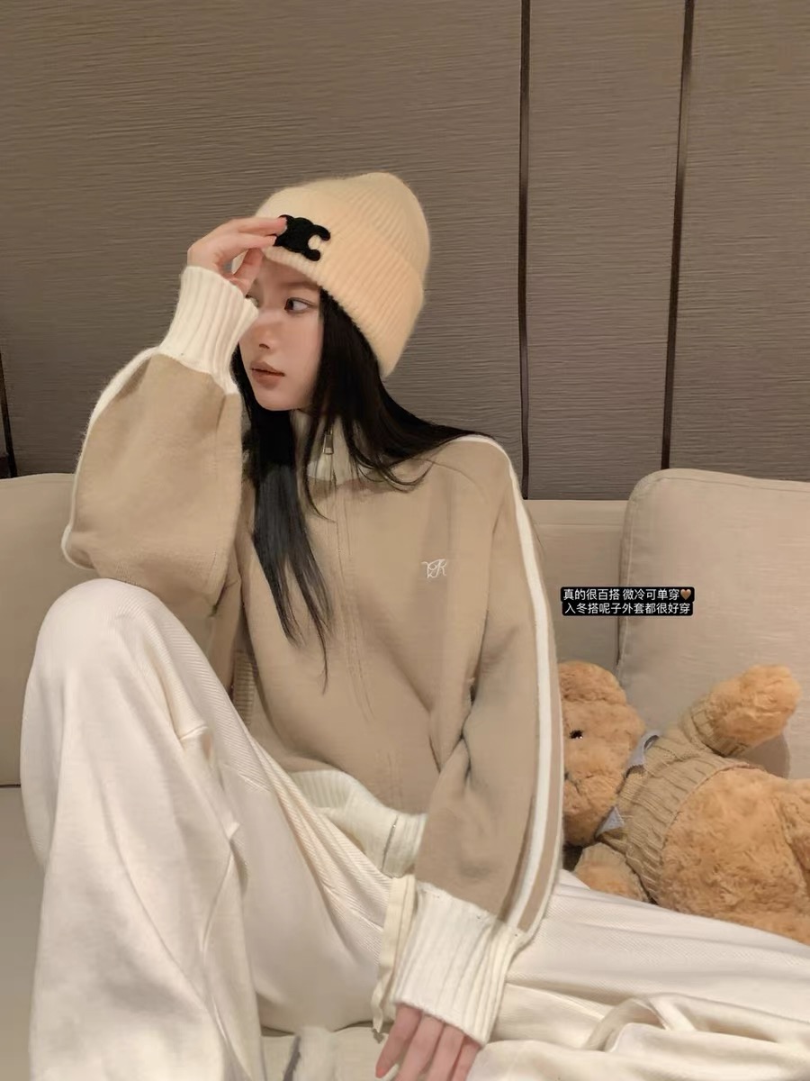 American contrasting color long-sleeved stand-collar sweater jacket for women 2025 spring new loose baseball uniform cardigan zipper top