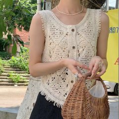2025 Summer Retro Korean Style Fringe Lattice Crochet Knit V-Neck Top for Women with Single Button Backless Blouse