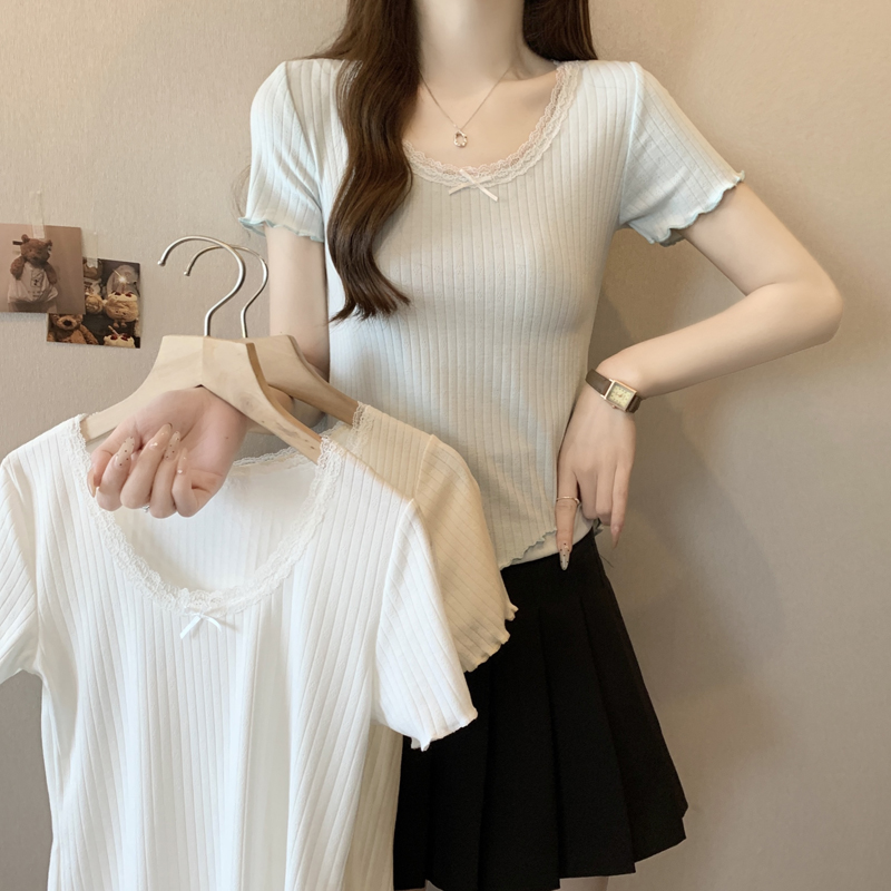 Real photos of pure and sweet hot girl lace bm short-sleeved T-shirt for women in summer base shirt slim fit inside short beautiful top