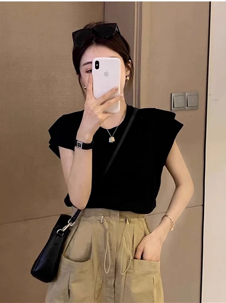 American retro fashion simple small flying sleeve T-shirt for women in summer versatile casual age-reducing slimming and chic short-sleeved top
