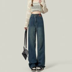 Commuting versatile double button straight jeans for women in spring and autumn new loose high waist slimming floor wide-leg jeans trendy