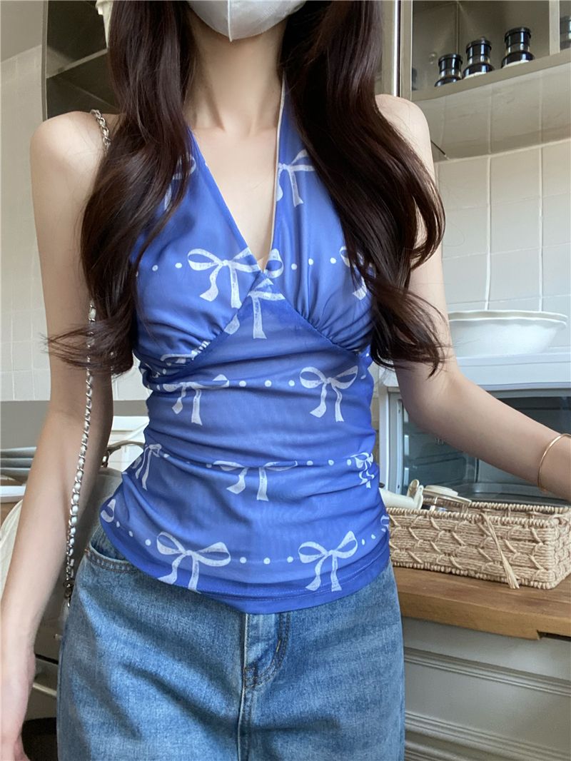 Real photo of blue bow printed halter neck vest for women in summer