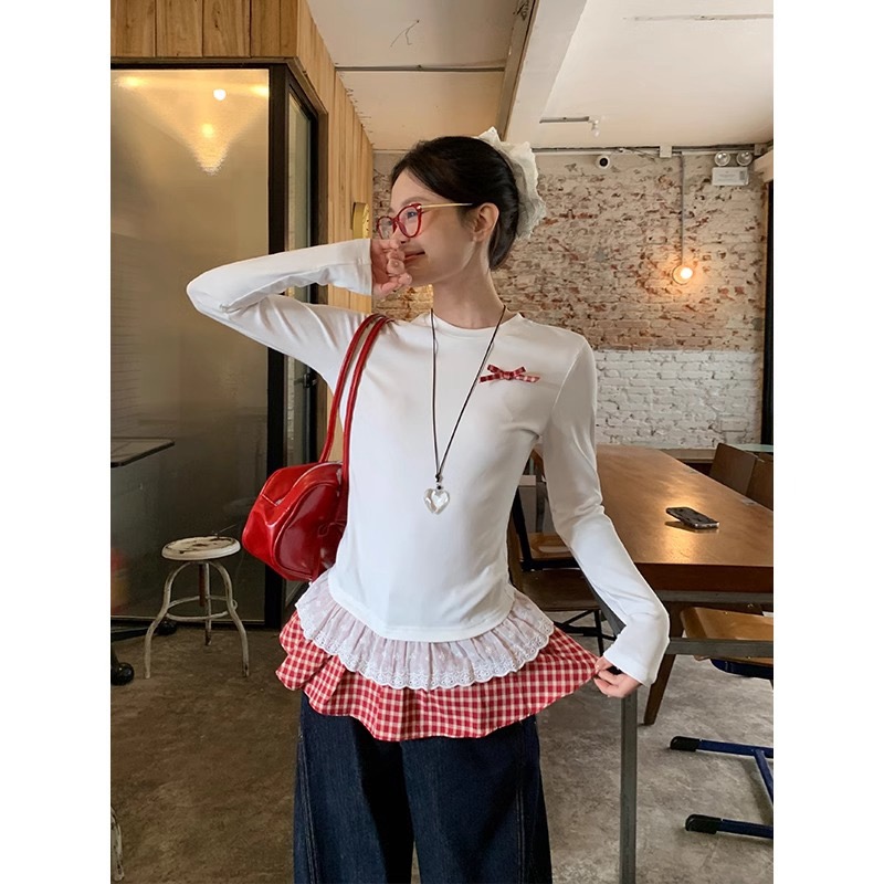原版做工格子花邊拼接白色打底女修身正肩設計感長袖t恤上衣