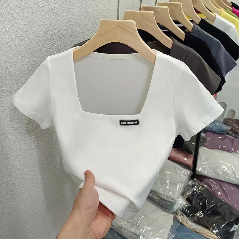 Real shot of pure cotton ribbed square collar shoulder short-sleeved T-shirt for women