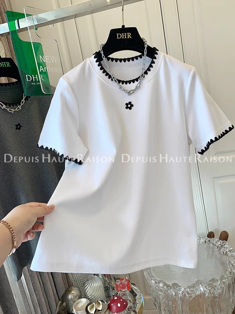 減齡刺繡花朵撞色短袖T恤打底衫大碼上衣女裝2025春夏新款