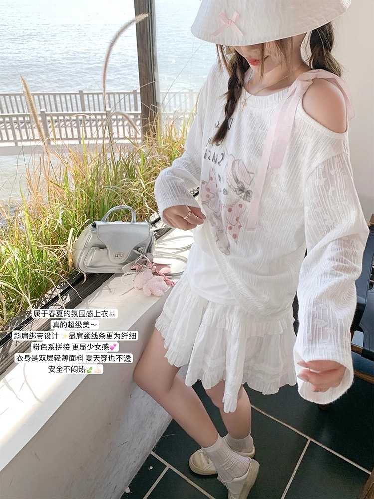 原版面料貓咪印花長袖防曬T恤女露肩系帶蝴蝶結上衣服