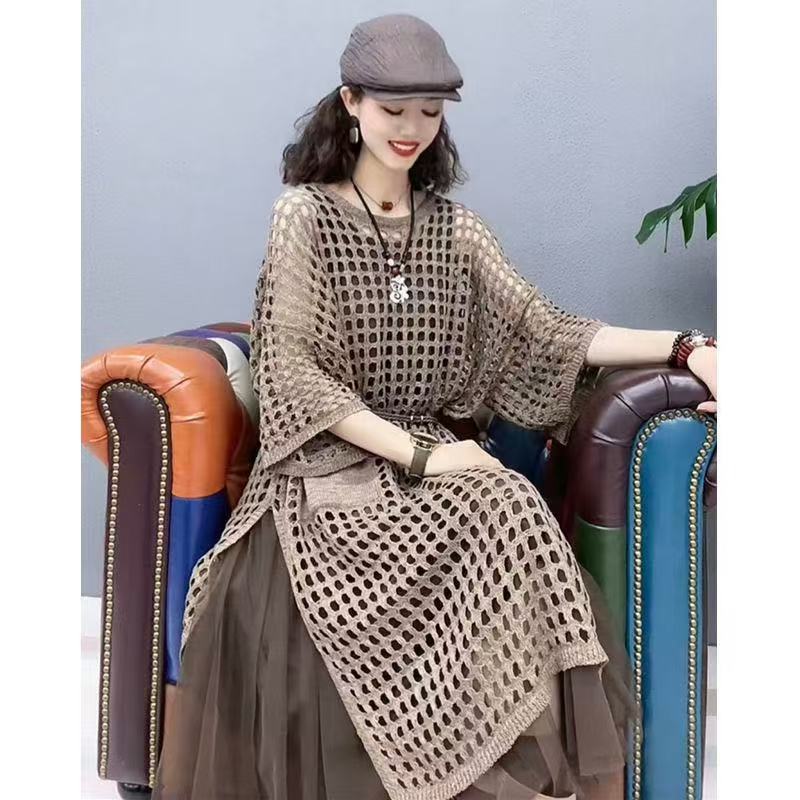 Early spring new mid-length hollow knitted cardigan for women lazy style sweater jacket sun protection top