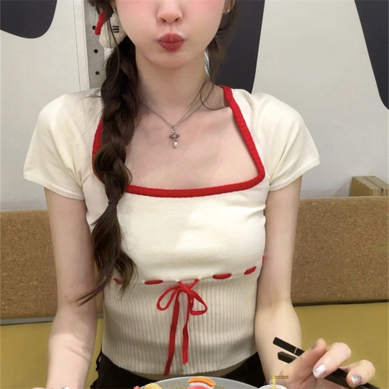 HEYNA'Ballet Sweetheart This issue is the most love of contrasting color homemade design U-neck lace-up 4-color pure cotton short-sleeved top