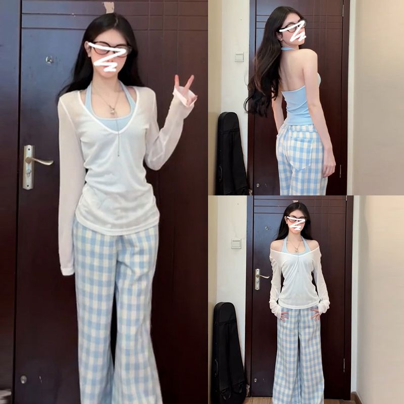 White long-sleeved V-neck thin sunscreen t-shirt for women in summer 2025 new neck halter top set