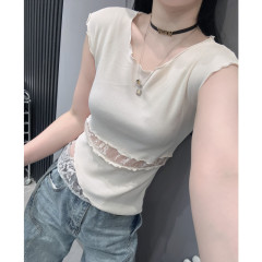 European and summer new style spliced ​​lace hollow vest for women's sleeveless ice silk sweater irregular sexy top tight