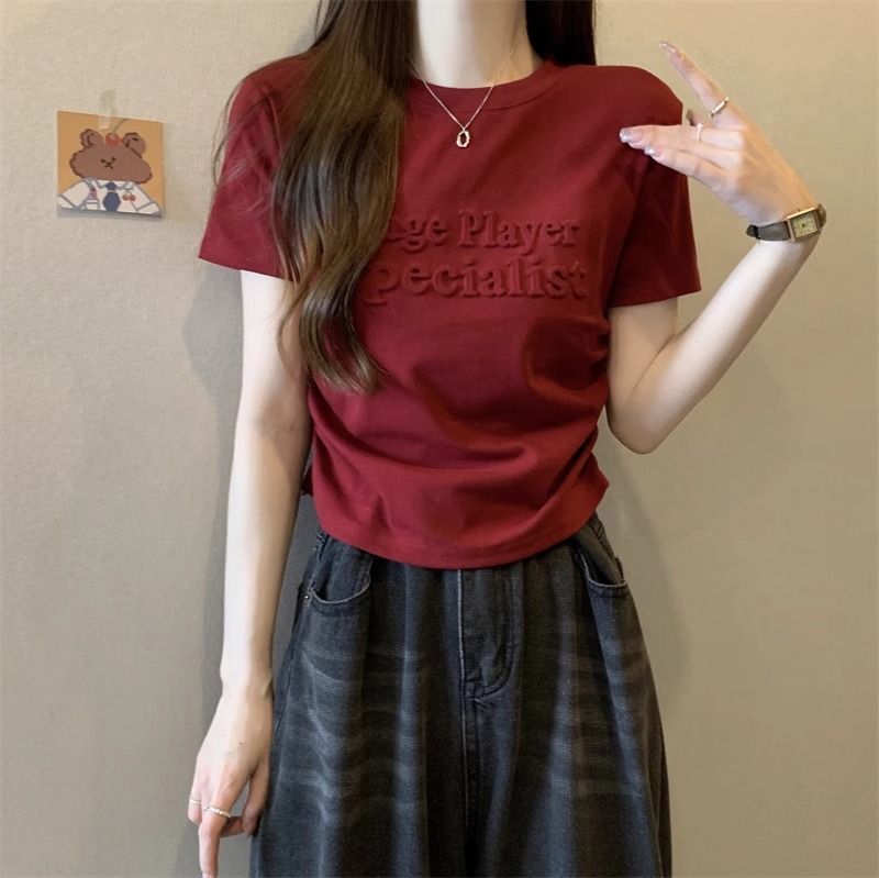 Burgundy short-sleeved T-shirt for women in summer 2025 new design pleated slim waist-hugging short irregular top