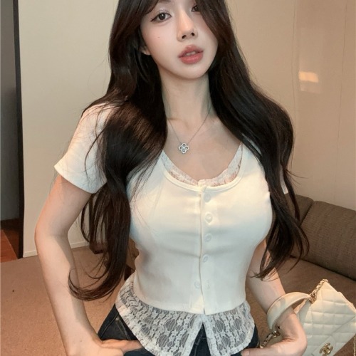 实拍~新款甜美短款小个子正肩蕾丝花边假两件短袖t恤上衣女