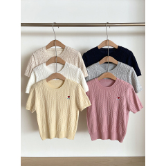 RENA Spring Korean Twist Knitted Love Print Front Shoulder Short Sleeve T-shirt Round Neck Slim and Versatile Top for Women