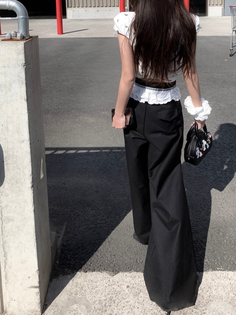 Real shot!  !  Hot girl lace spliced ​​high-waisted black straight-leg pants casual pants