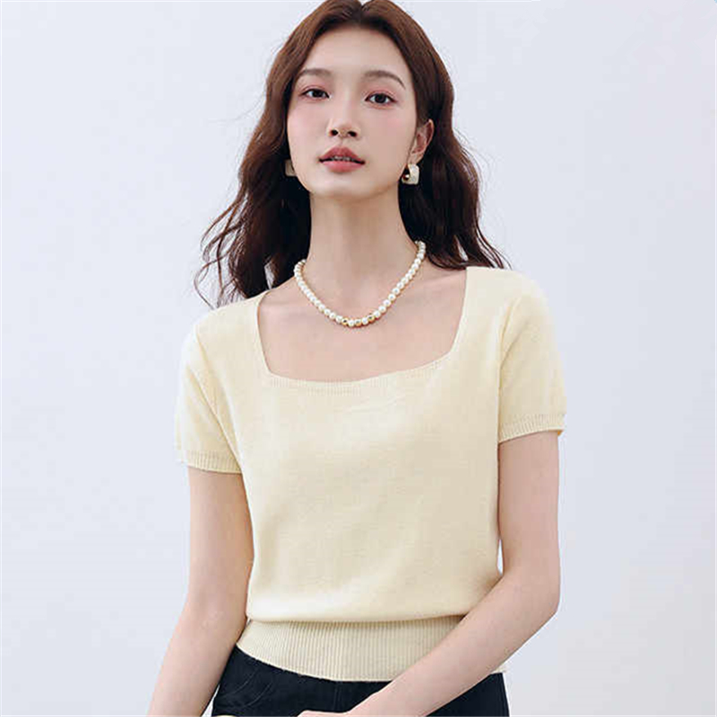 Square collar top for women short 2025 summer basic simple solid color slim and versatile knitted short-sleeved T-shirt