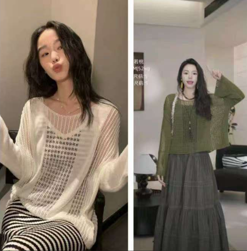 Korean style dressing hollow sweater for women in spring 2025 new sunscreen shirt tulle shirt top