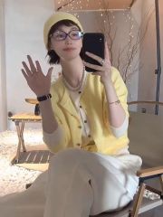 Small refreshing contrasting color splicing fake two-piece base wool knitted cardigan spring new tops worry-free and wearable