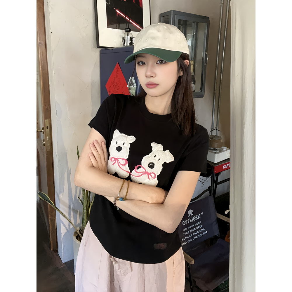 Korean chic summer new embroidered patch embroidered puppy front shoulder short-sleeved T-shirt for women Korean style slim top