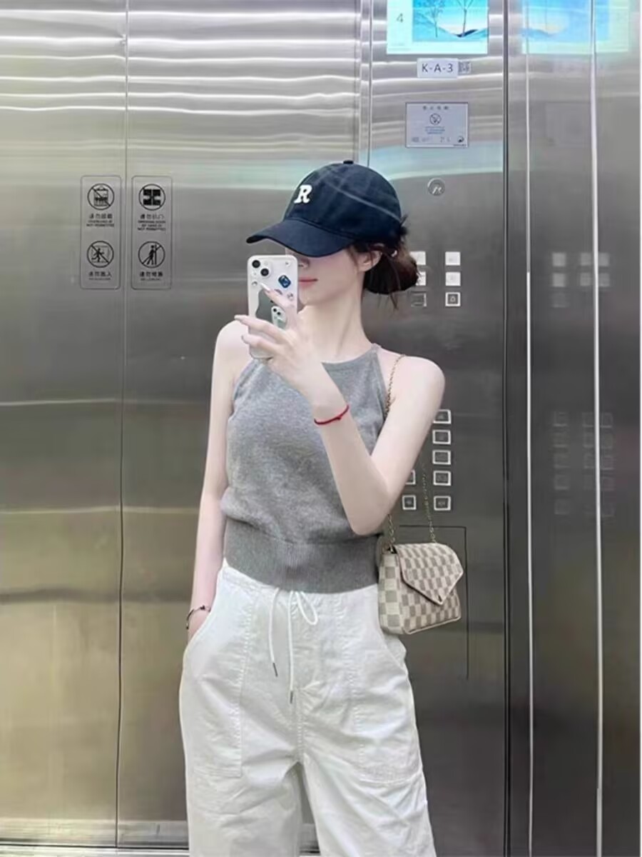 Summer high-end pure style neck knitted suspender design niche wear off-shoulder top gray vest for women