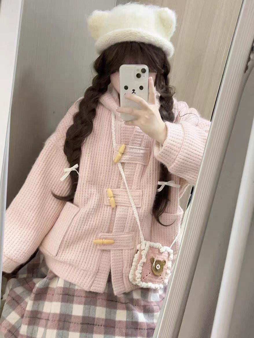 Original jk soft girl sweet girl horn button spring jacket loose sweet hooded sweater cardigan women