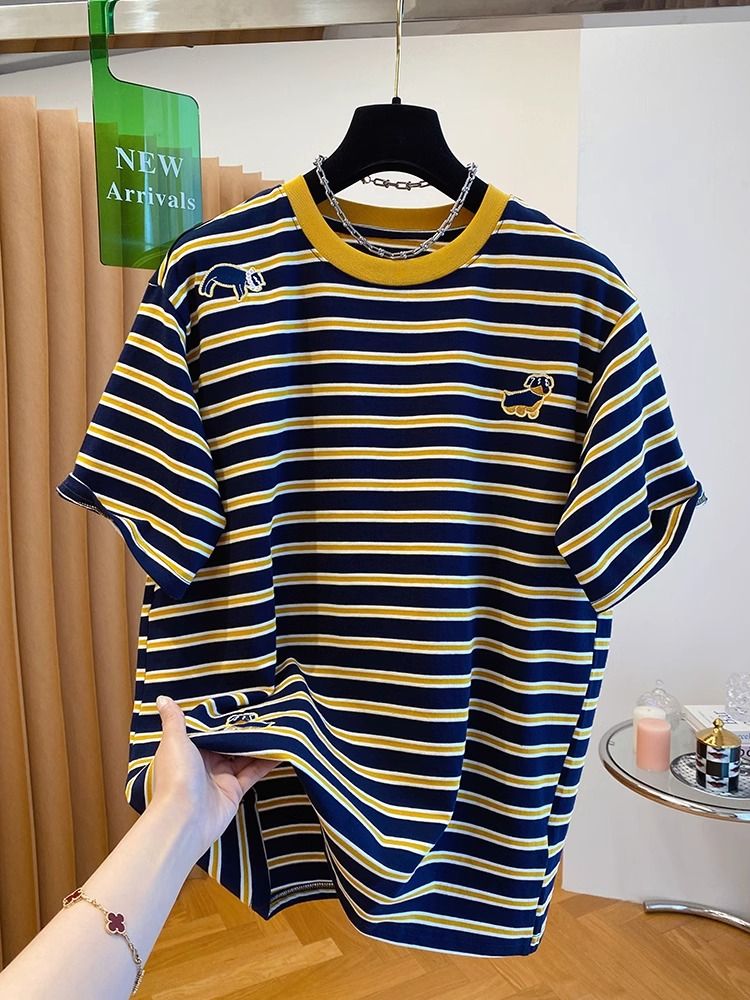 Embroidery + Solona neckline + original fabric extra large size 240 catties embroidered puppy stripes
