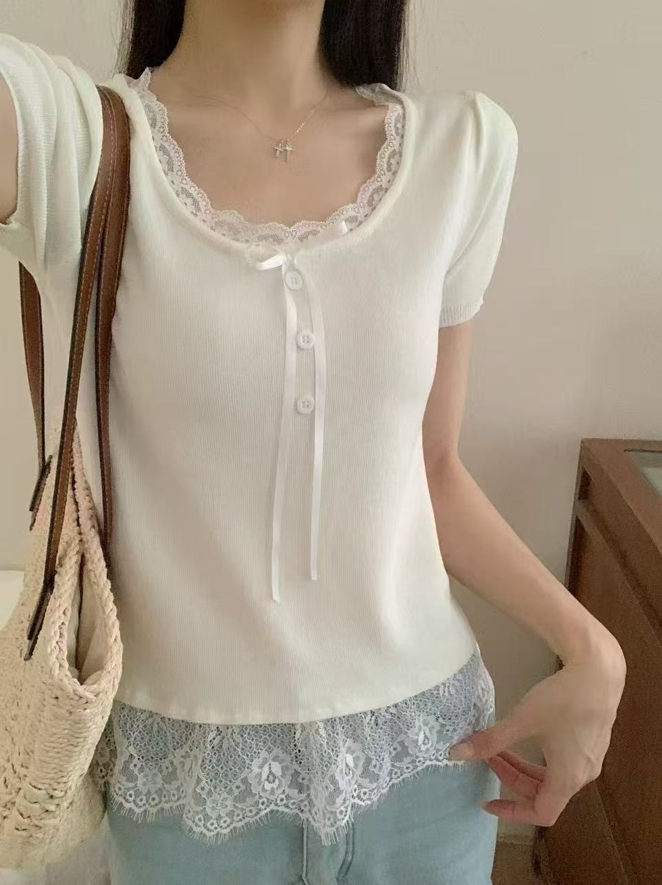 非實拍 蕾絲邊拼接系帶蝴蝶結短袖女設計感修身顯瘦針織上衣