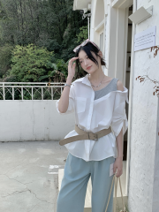 實拍性感露肩假兩件拼接寬鬆襯衫女設計感小眾百搭不規則襯衣