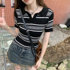 條紋針織衫翻領修身顯瘦別致上衣夏季bm風正肩短袖T恤女