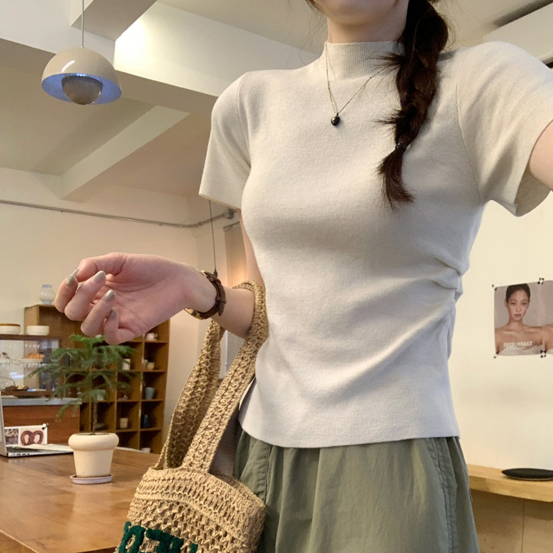 Real photos fashionable half-high neck front shoulder short-sleeved T-shirt for women 2025 summer new fashionable wool base shirt