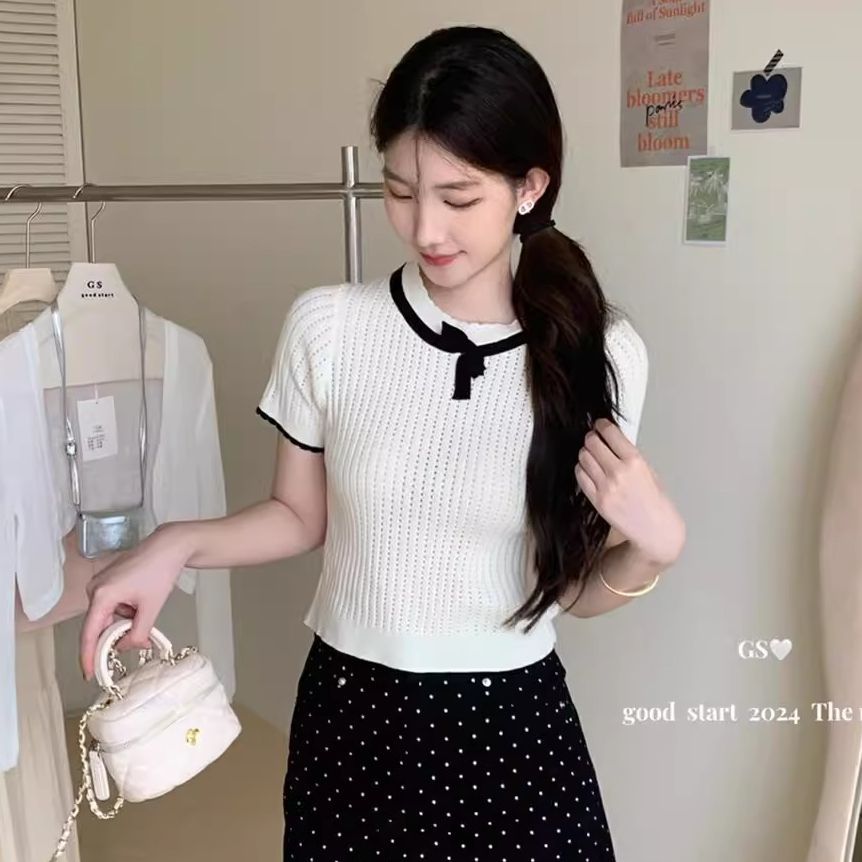 Sweet hot girls contrasting color design bow knitted short sleeve summer new slim slim and versatile short top for women