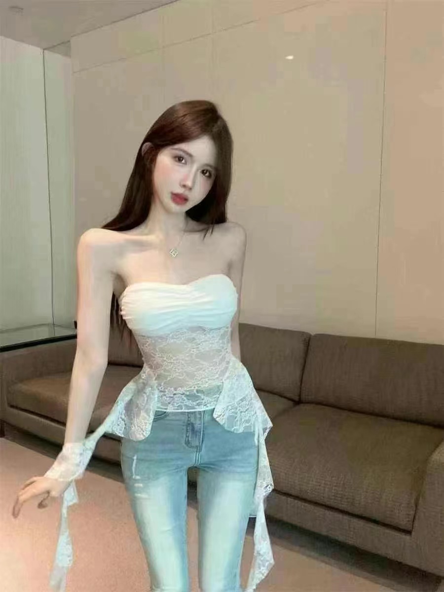 Pure and sensual lace splicing strapless vest women irregular perspective slim hot girl short top
