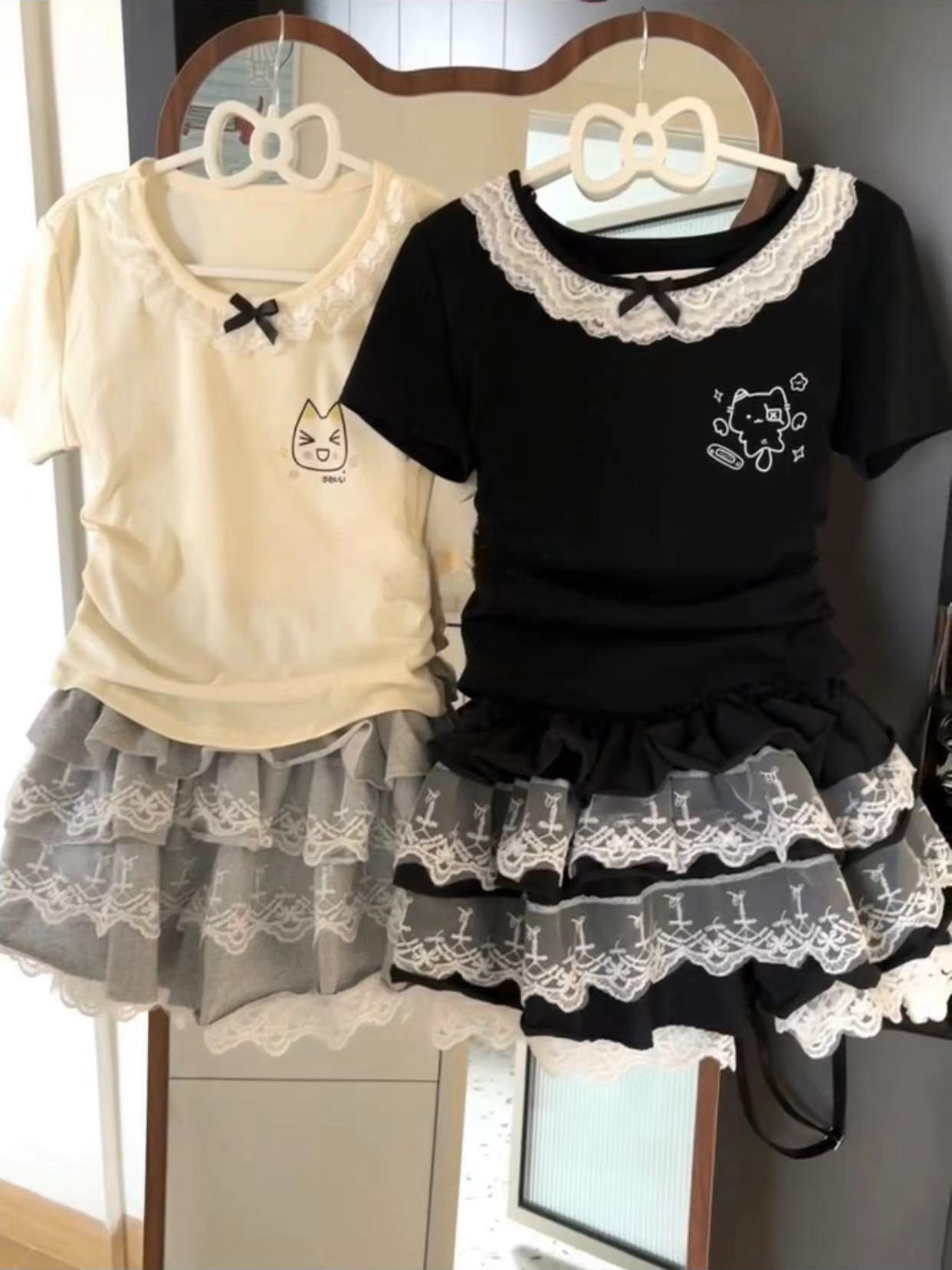 Korean chi pure cotton bow lace lace short T-shirt for women in summer slim and slim sweet short-sleeved top trendy