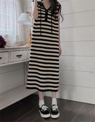 Real shot Korean style striped hooded dress for women loose and slim short-sleeved skirt