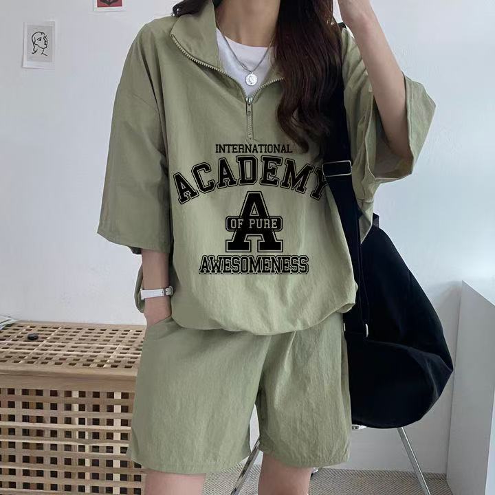 Korean sportswear suit women's pattern letter print summer new short-sleeved shorts cute girl running two pieces
