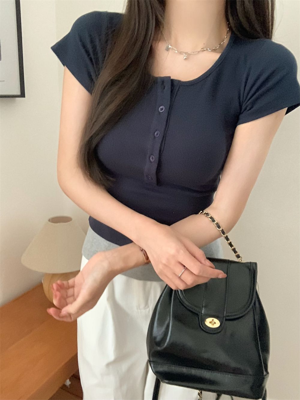 Real shot 40 pure cotton 210g 92 cotton/8 spandex short-sleeved T-shirt for women splicing two fake pieces