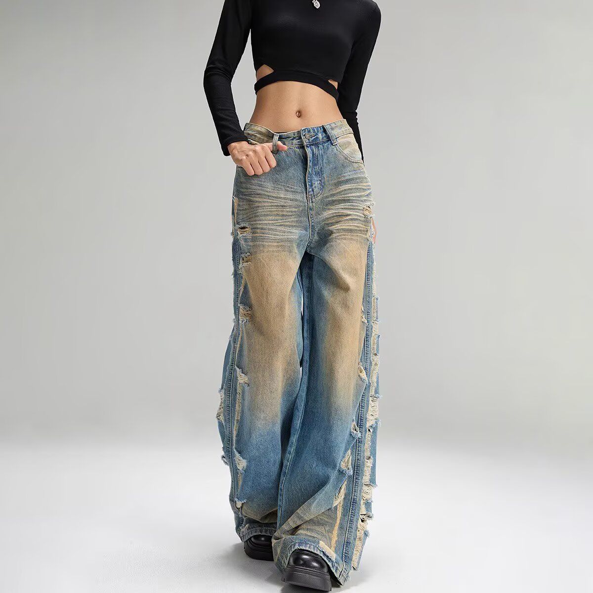 Teenagers wash mid-waist and slightly flick American retro ripped wide-leg loose jeans trendy regular summer