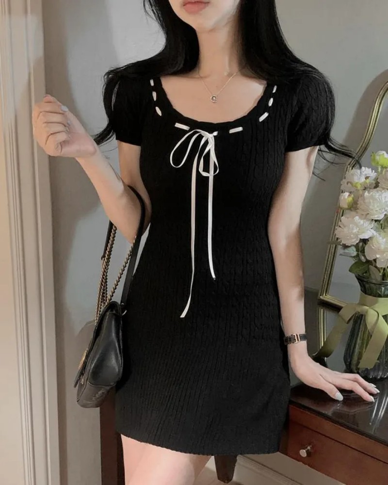 Korean chic square collar sweet French twist slim knitted skirt gentle style slim temperament dress
