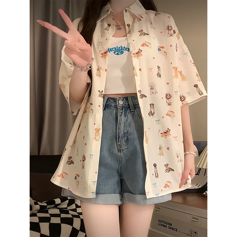 POLO collar full print sweet and fun puppy cardigan loose Japanese design sense college style summer printed shirt for women