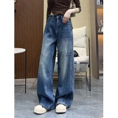 2025 spring large-size American retro jeans for women pear-shaped body loose high waist slimming straight wide-leg pants