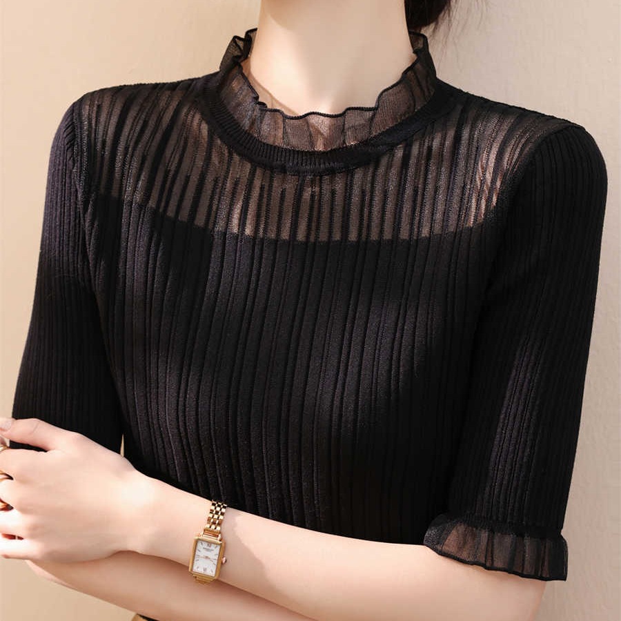 New summer half turtleneck lace sweater for women with thin short sleeves and French style wool solid color base