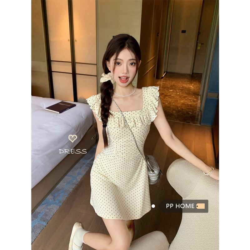 French beautiful small flying sleeve polka dot slim short skirt with high-end temperament waist-hugging ruffle design dress