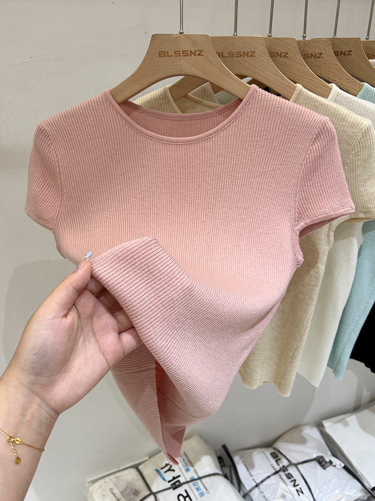 Sweater women's spring and summer new V-neck short-sleeved shoulder T-shirt women's design drawstring slim hot girl short top