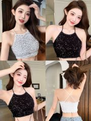 時尚亮片吊帶小背心女帶胸墊辣妹性感內搭外穿短款美背上衣