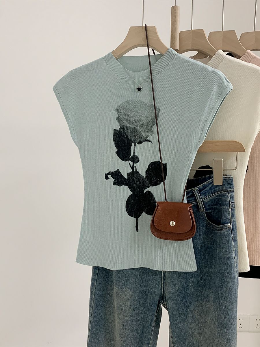 French rose design ice silk knitted short sleeves for women thin slim pure short sleeveless vest top summer