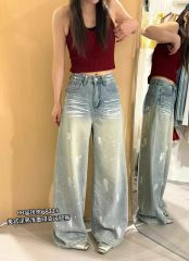 Korean style jeans for women in spring new retro design graffiti versatile straight wide-leg trousers