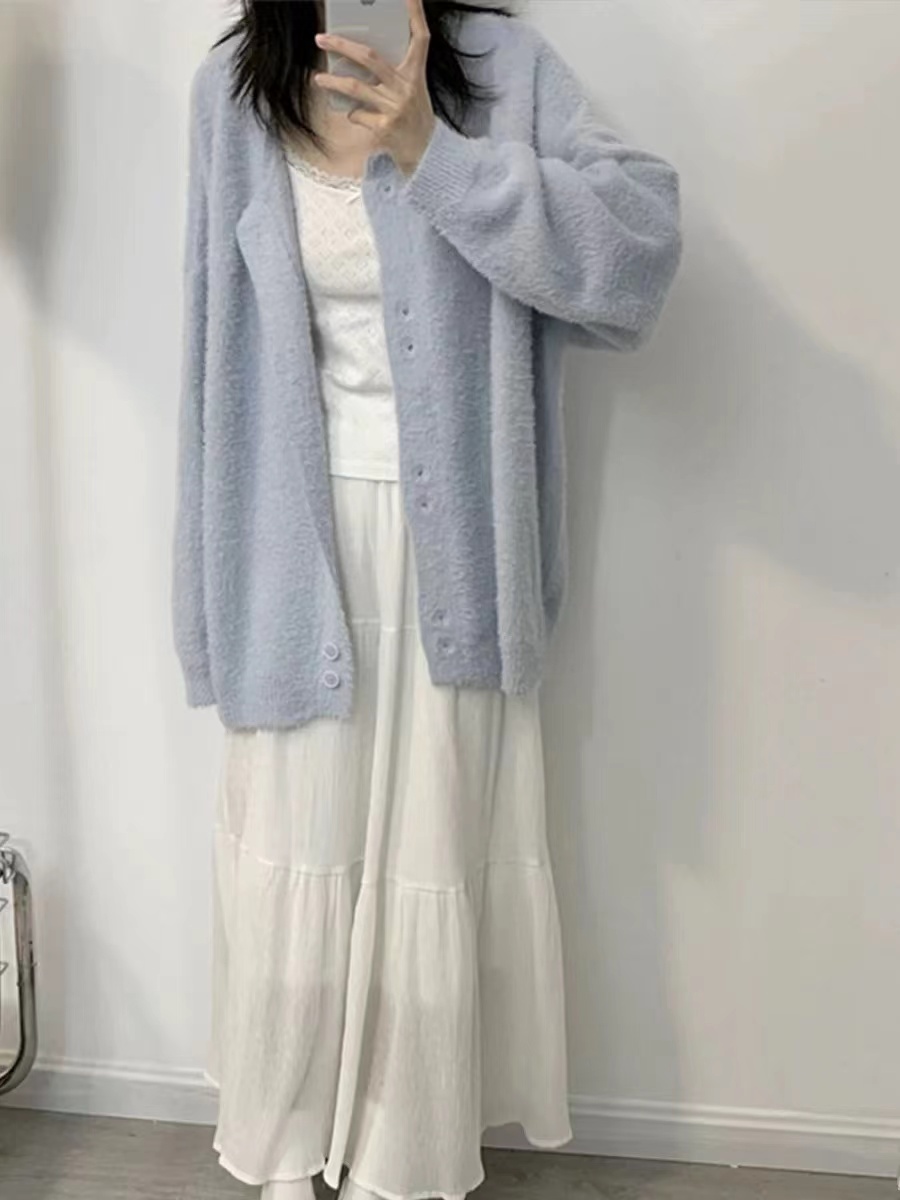 Korean style lazy style loose blue mid-length knitted cardigan for women's autumn and winter mohair Japanese soft sweater jacket