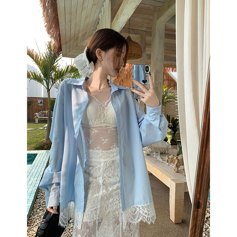 New summer French blue lace spliced ​​hem long sleeve polo collar shirt loose sun protection slim top for women